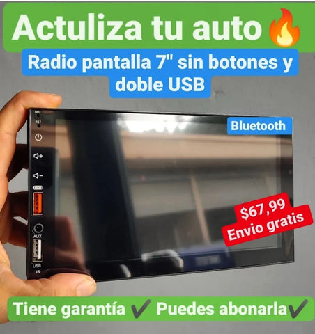 Radio Pantalla 7¨ sin botones doble USB. Bluetooth